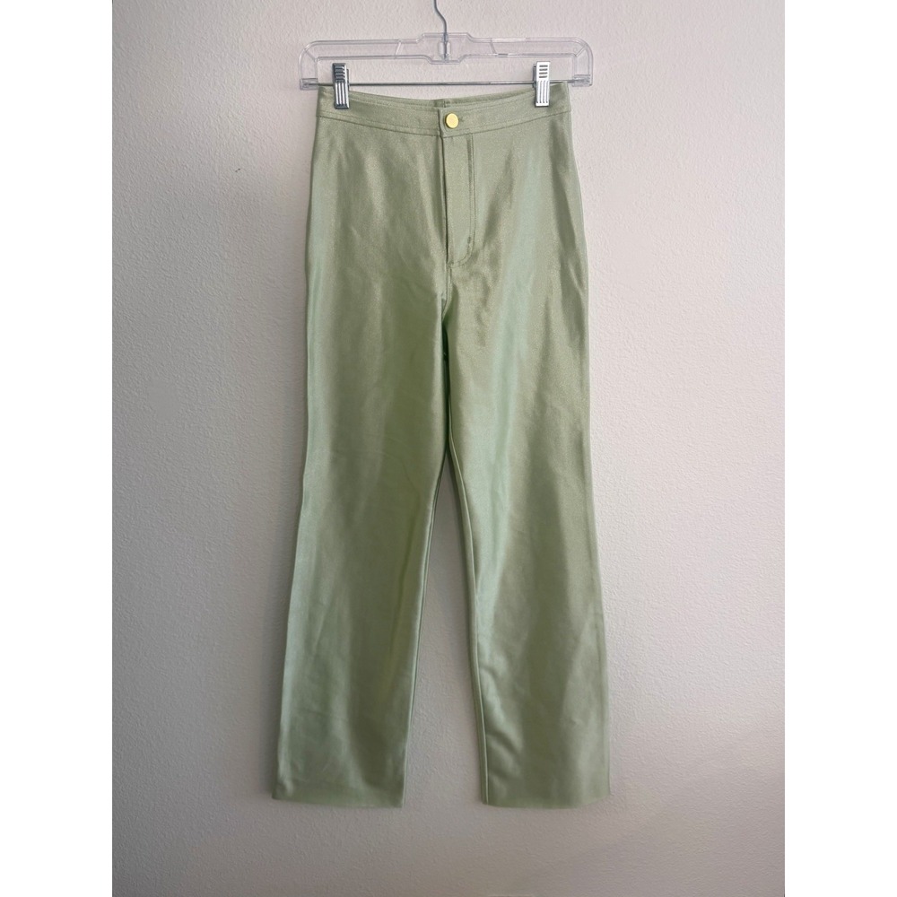 REZEK STUDIO Hustle Pants XS 70s Disco Hot Pants Flare Leg Mint Green Stretch - Picture 2 of 10